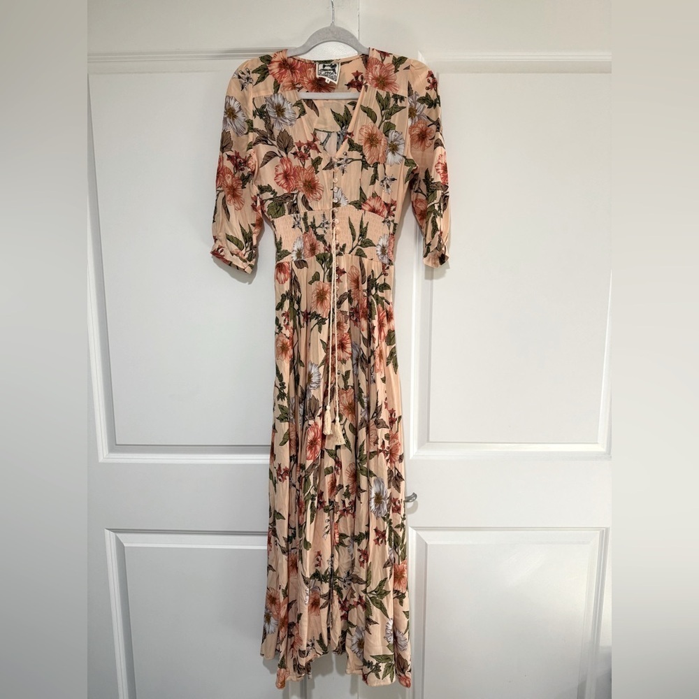 Jaase Indiana Boho Floral Print Button Tie Waist Multicolor Maxi Dress Small